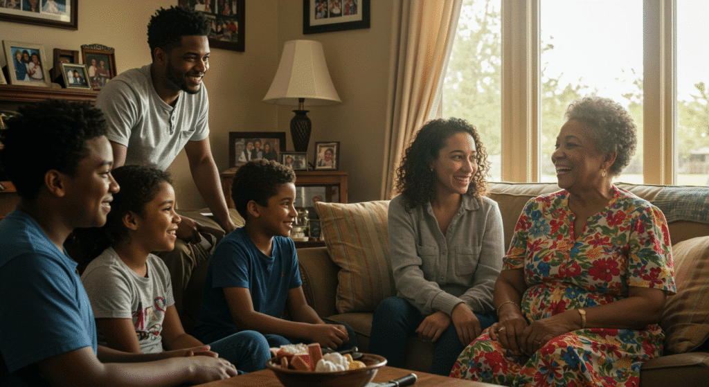 A multigenerational African American family sitting together on a living room couch, smiling and talking with a grandmother in a floral dress, creating a warm and happy family bonding moment.