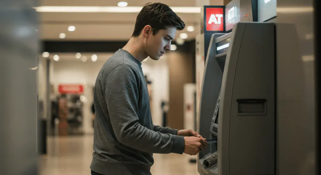 Young man using an indoor ATM machine, inserting his bank card and preparing to withdraw or check money in a well-lit public space.