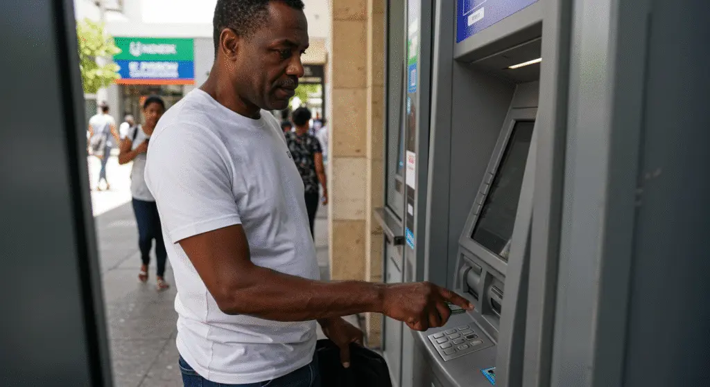 Man in a white T-shirt using an outdoor ATM machine, inserting a bank card and pressing buttons.