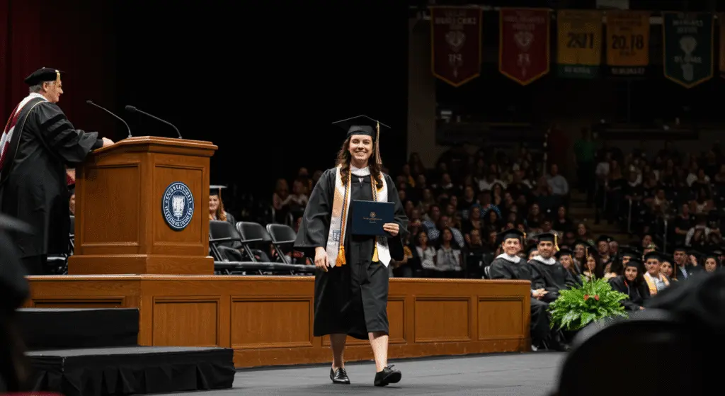 Female graduate in cap and gown walking across the stage with a diploma at a university commencement ceremony, smiling proudly in front of an audience.