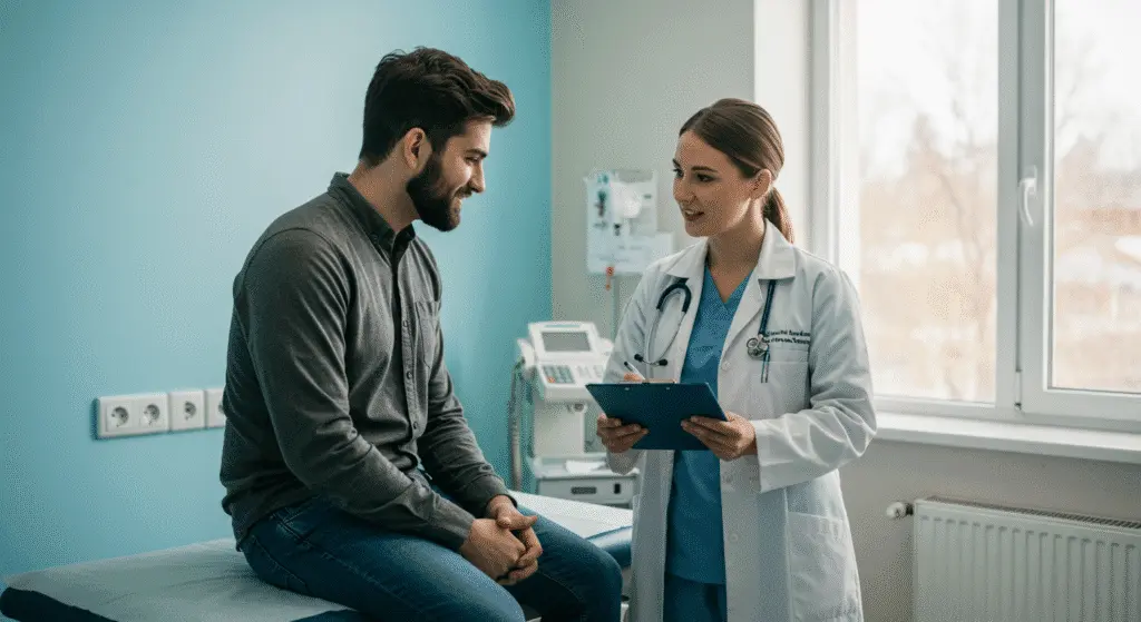 Male patient sitting on an exam table talking with a female doctor holding a clipboard in a bright medical office.