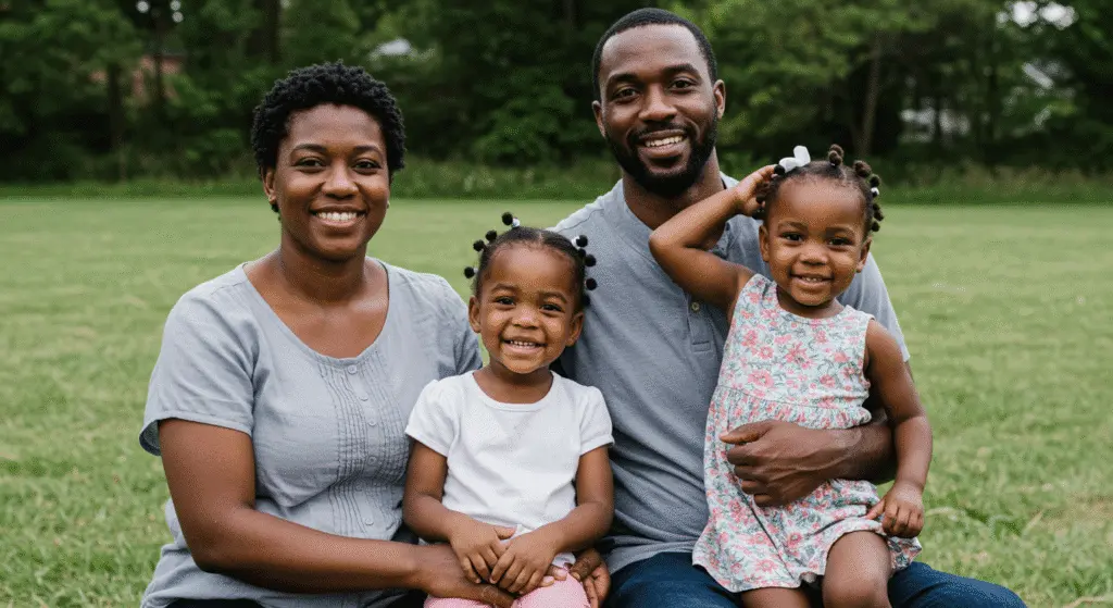 Smiling African American family with two young daughters sitting together outdoors on green grass, enjoying quality time and posing for a happy portrait.