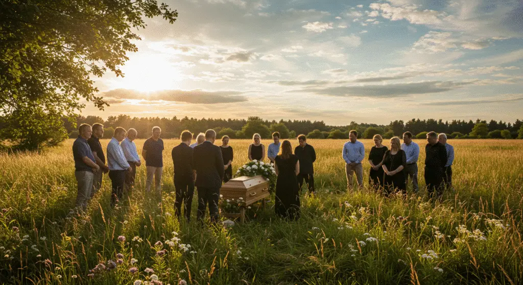 Group of mourners gathered in a meadow at sunset for an outdoor funeral, standing around a wooden casket decorated with white flowers.