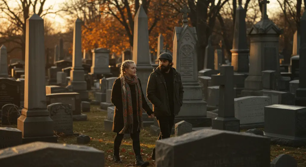 Couple holding hands while walking through a cemetery at sunset, surrounded by gravestones and autumn trees in a peaceful setting.