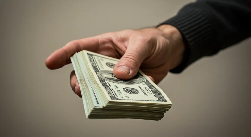 A close-up of a person wearing a dark sweater holding out a thick stack of $100 U.S. dollar bills, offering the cash with a neutral background.