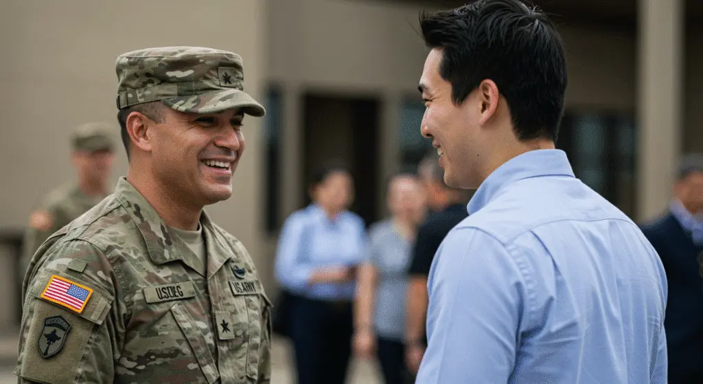 A smiling U.S. Army officer in camouflage uniform and cap talks with a man in a light blue dress shirt. They are standing outdoors, surrounded by other people in the background, some in military attire and others in civilian clothing.
