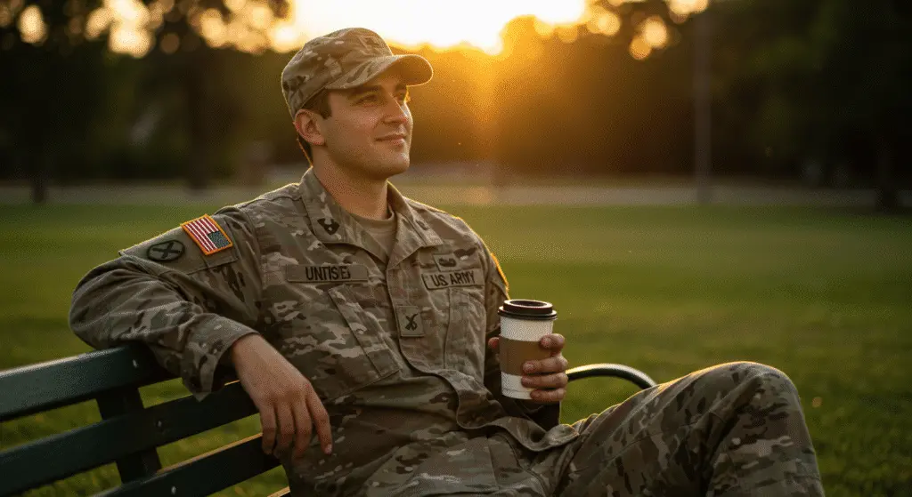 U.S. Army soldier in camouflage uniform sitting on a park bench at sunset, holding a coffee cup and looking thoughtful.