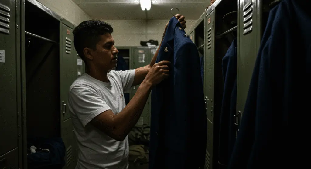 Man in a white T-shirt standing in a locker room, carefully inspecting and holding a military dress uniform jacket on a hanger.