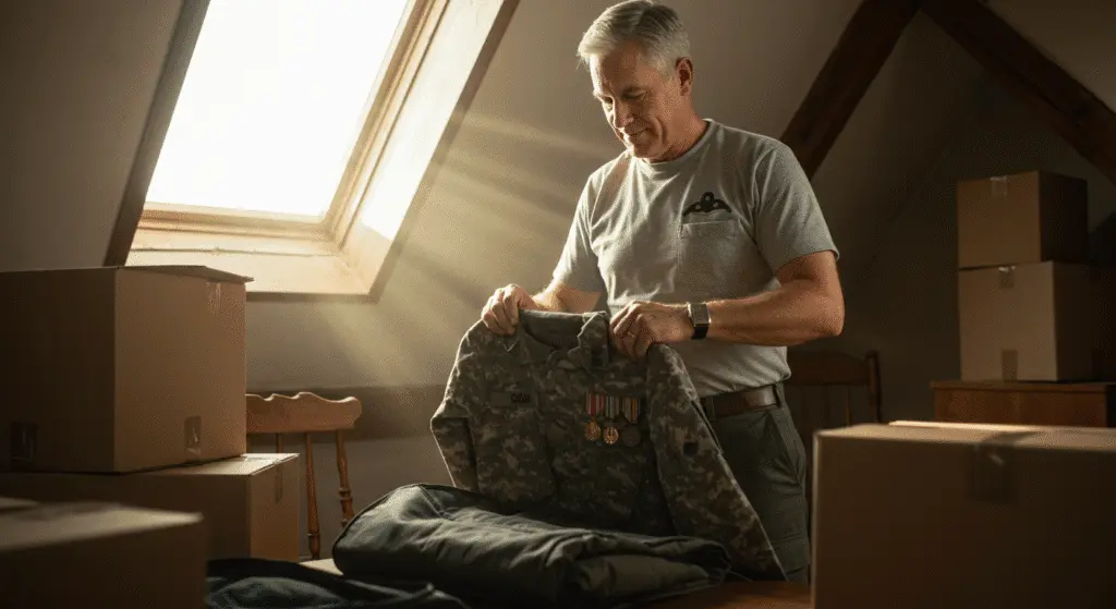 Older man standing in an attic with moving boxes, holding a decorated military uniform with service medals in soft sunlight from a window.