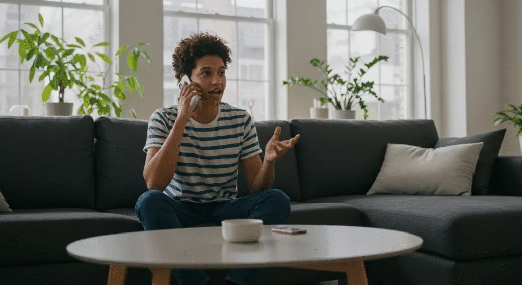 Young person with short curly hair sitting on a gray sofa at home, talking on a smartphone while gesturing with one hand in a bright living room with plants and large windows.