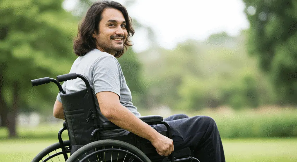Smiling man with long hair sitting in a wheelchair outdoors, enjoying fresh air and nature in a green park setting.