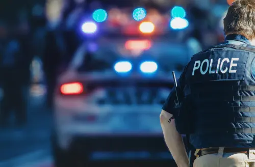 Police officer wearing a tactical vest with the word “POLICE” on the back, standing near a patrol car with flashing emergency lights at night.